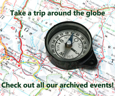 An image of a compass on a map that reads Take a trip around the globe - check out all our archived events
